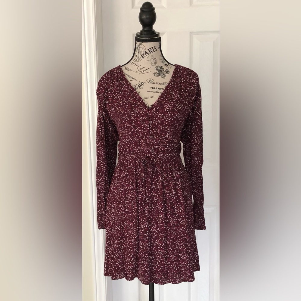 Boho Floral Dress Burgundy with Pink and White Floral Accents Women's Sz Medium